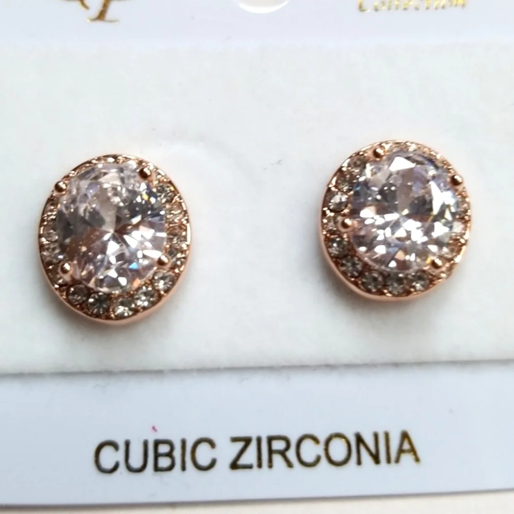 Cubic Zirconia Rose Gold Post Back Oval Earrings For Pierced Ears - Picture 10 of 12
